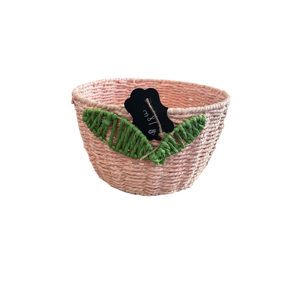 Pink Round Wicker Basket With Leaves Top Opening 9.25" X 6" Tall X 7.5 Base